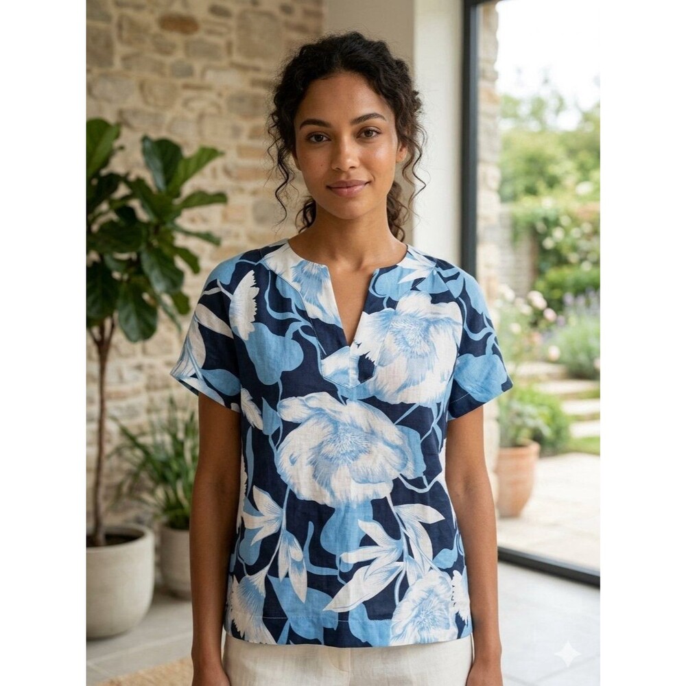 Elie Tahari Women’s Blue 100% Linen Floral Blouse S/P